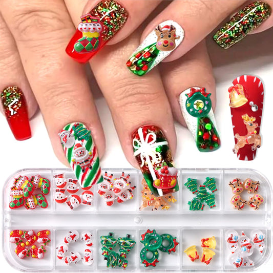 50pcs Christmas Nail Charms: 3D Mix Colorful Reindeer, Snowman, Santa Claus, Bell Nail Rhinestones for Women Xmas DIY