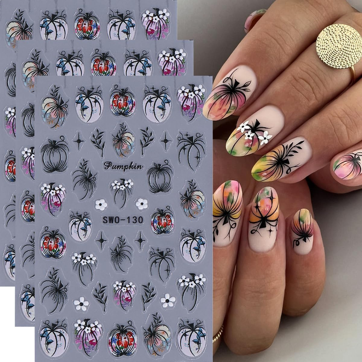 Fall Nail Stickers Halloween Pumpkin Nail Art Stickers Decals 3PCS 5D Engraved Leaf Flower Pumpkin Nails Design Self-Adhesive Fall Stickers Manicure Nail Art Supplies for Holiday DIY Nail Decorations