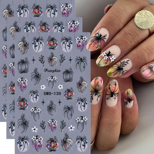 Fall Nail Stickers Halloween Pumpkin Nail Art Stickers Decals 3PCS 5D Engraved Leaf Flower Pumpkin Nails Design Self-Adhesive Fall Stickers Manicure Nail Art Supplies for Holiday DIY Nail Decorations