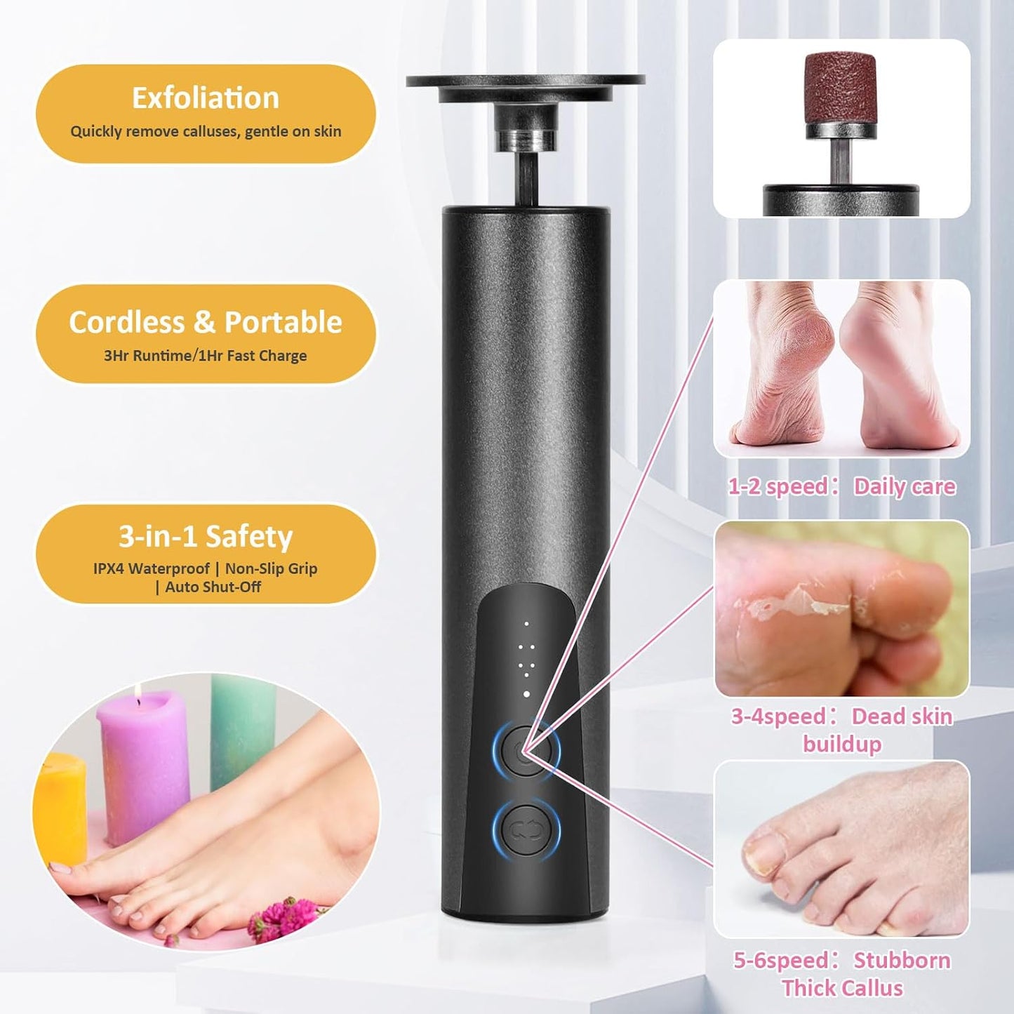 Electric Callus Remover for Feet, 6-Speed Pedicure Tool with 2-in-1 Rechargeable Foot File Callus Remover with USB Charging & 3 Types of Sandpaper, Dead Skin Remover for Dry Cracked Heels (Black)