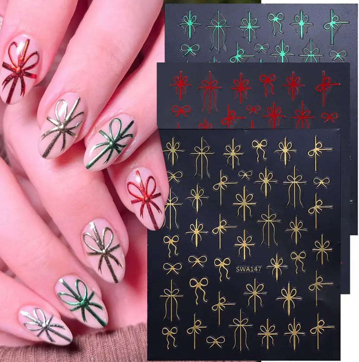 Christmas Nail Art Stickers Decals Christmas Gift Bow Nail Decals 6PCS Golden Green Red Ribbon 3D Self-Adhesive Nail Designs Holiday Nail Stickers Manicure Supply for Women DIY Nail Art Decorations