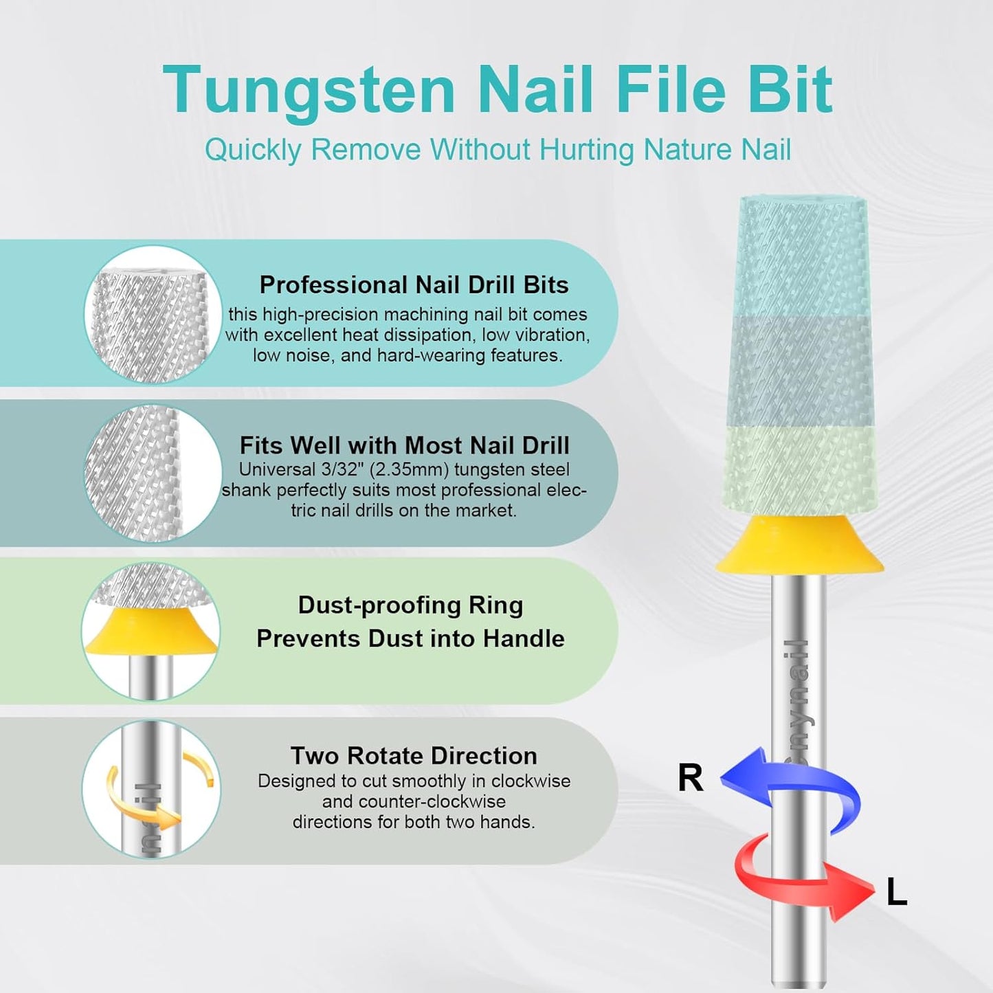 3/32" Large Tapered Barrel Flat Bit Tungsten Carbide Nail Drill Bit Safety Bit for Gel & Acrylic Removal, 2- Way Rotating Efile Tip, Salon Electric File Accessory (XF Girt, Silver)