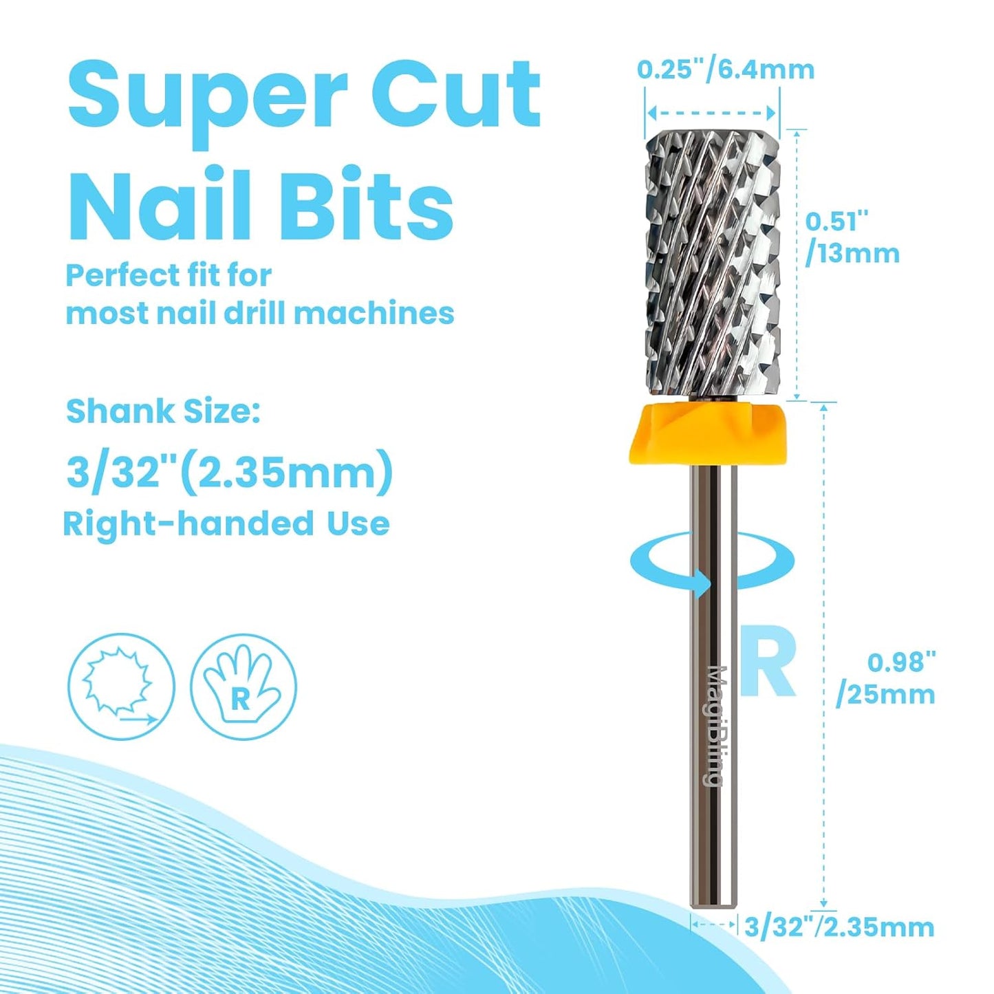Super Cut Large Barrel Nail Drill Bits for Professional Users, 3/32'' Tungsten Carbide Bits, Upward Deep Cut for Removing Hard Gel Fast, Right Hand Use, Manicure Cuticle Gel Polishing, Double Coarse.