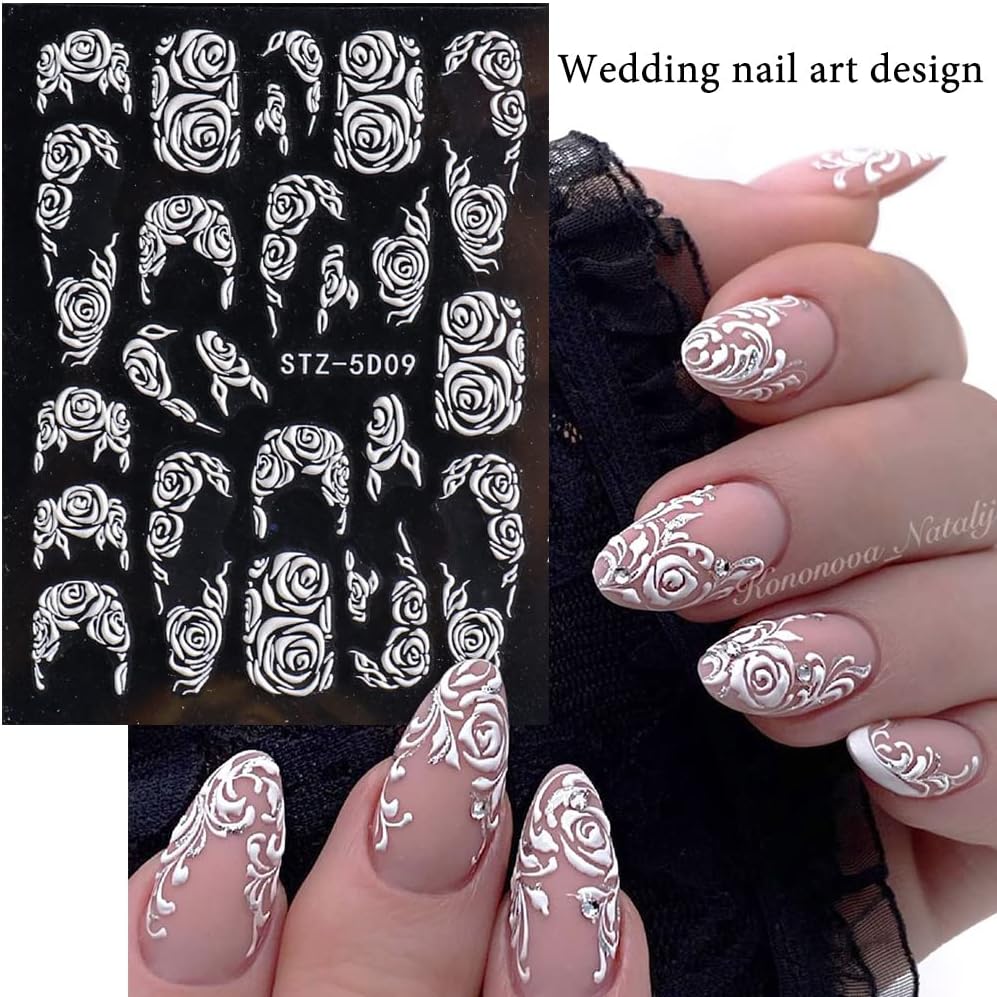 Flower Nail Art Stickers Decals, 8 Sheets 5D Engraved Flower Nail Decals White Wedding Nail Art Accessories French Tips Nail Designs Self Adhesive Lace Flower Carving Nail Stickers for Women Girls