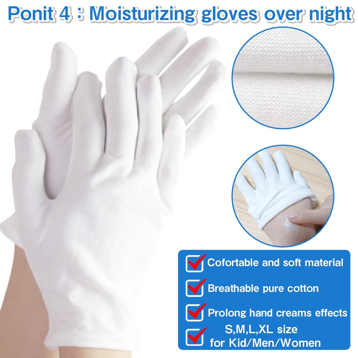 24pcs White Cotton Gloves, Cotton Gloves Eczema for Dry Hands White Gloves Women and for Men Washed Glove Liners for Spa Lotion Coin Jewelry Silver Inspection(XL)
