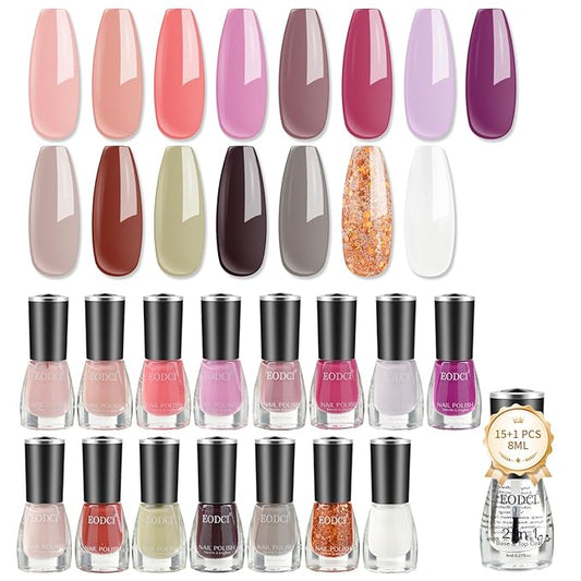 16 PCS Nail Polish Set, 15 Colors Quick Dry Nail Polish Kit With 2in1 Base/Top Coat Nude Pink Purple White Colors Finger Nail Polish Pack Glossy Toenail Polish DIY Gifts for Women
