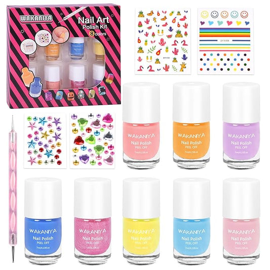 wakaniya Kids Nail Polish Set, Non-Toxic Peel-Off Quick Dry Mini Nail Polish for Girls 8 Colors Set with Gems Stickers
