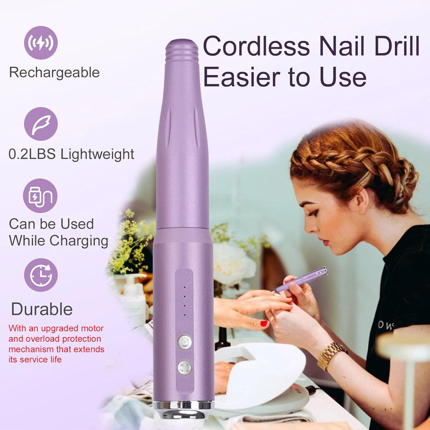 Nail Drill and Dremel - 14-in-1 Portable USB-Powered Nail Care Set with 20000RPM Speed for Gel, Dip Powder, Manicure, Pedicure, Shaping & Polishing, in Elegant Purple