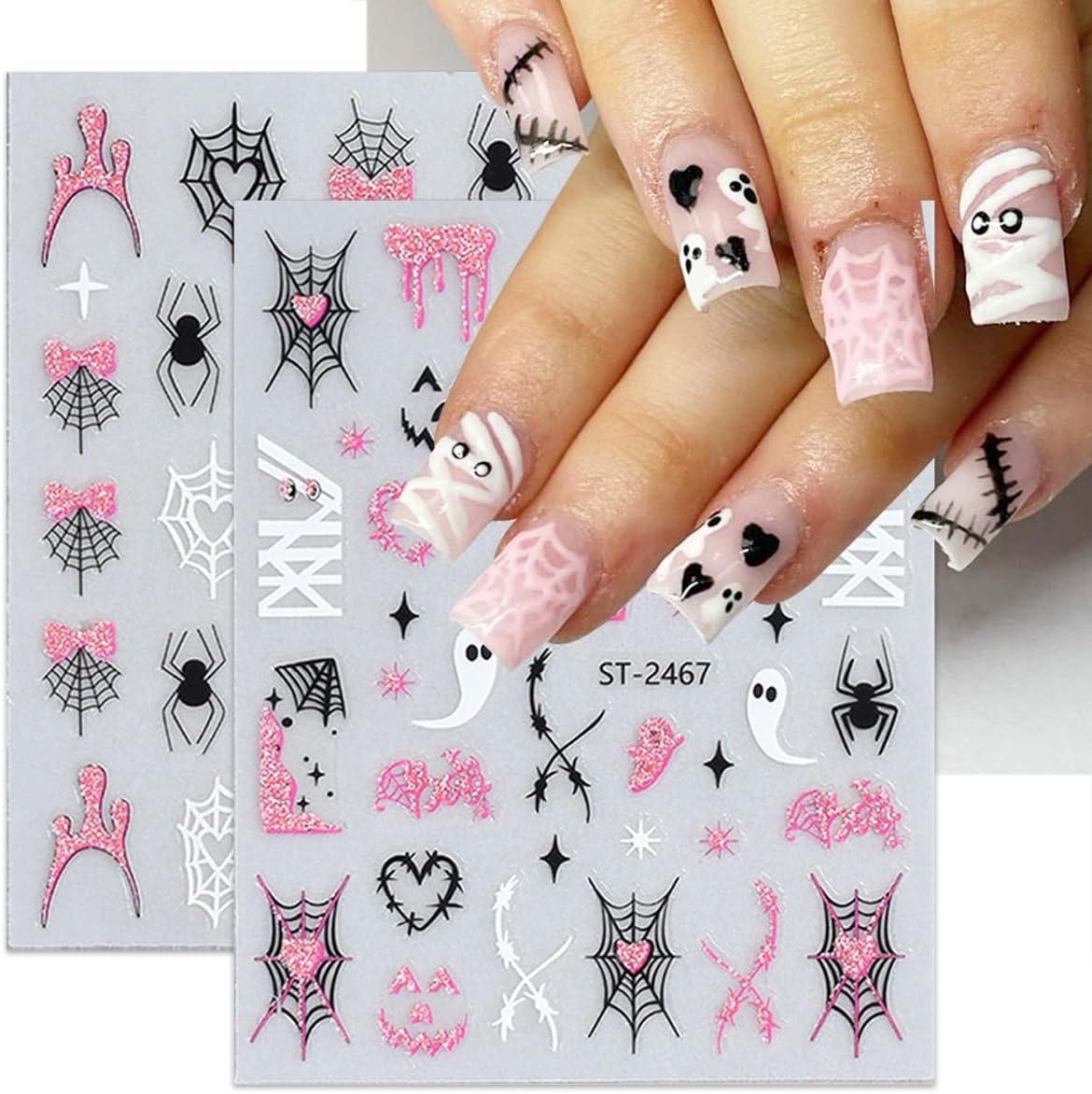 6 Sheets Pink Glitter Halloween Nail Stickers for Nail Art 3D Self-Adhesive Spider Web Nail Stickers with Ghost Bat Blood Drop Skull Cute Halloween Designs Goth Nail Decals for Women Acrylic Nails