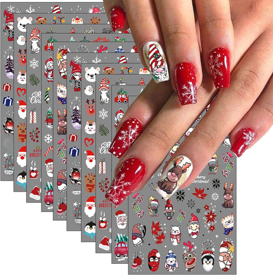 10PCS Christmas Nail Stickers for Kit- 3D Xmas Winter Nail Decals with Cartoon Elk Snowflake Santa Claus Snowman Bell Reindeer Bell Tree Design Holiday DIY Manicure New Year Christmas Nail Decoration