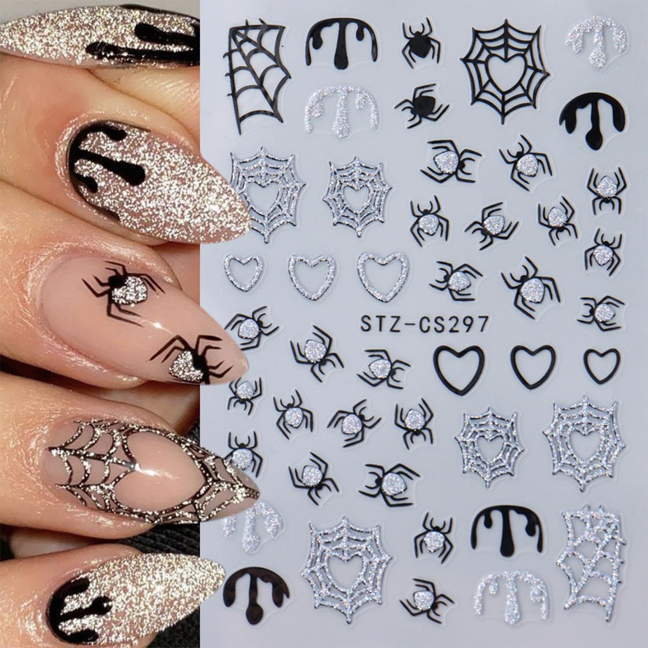 8 Sheets Spider Web Nail Sticker, Halloween for Nail Art Set - Halloween Nail Stickers Glitter Nail Spider Web Design Holographic 3D Self-Adhesive Slider Decals Manicure Art Decorations