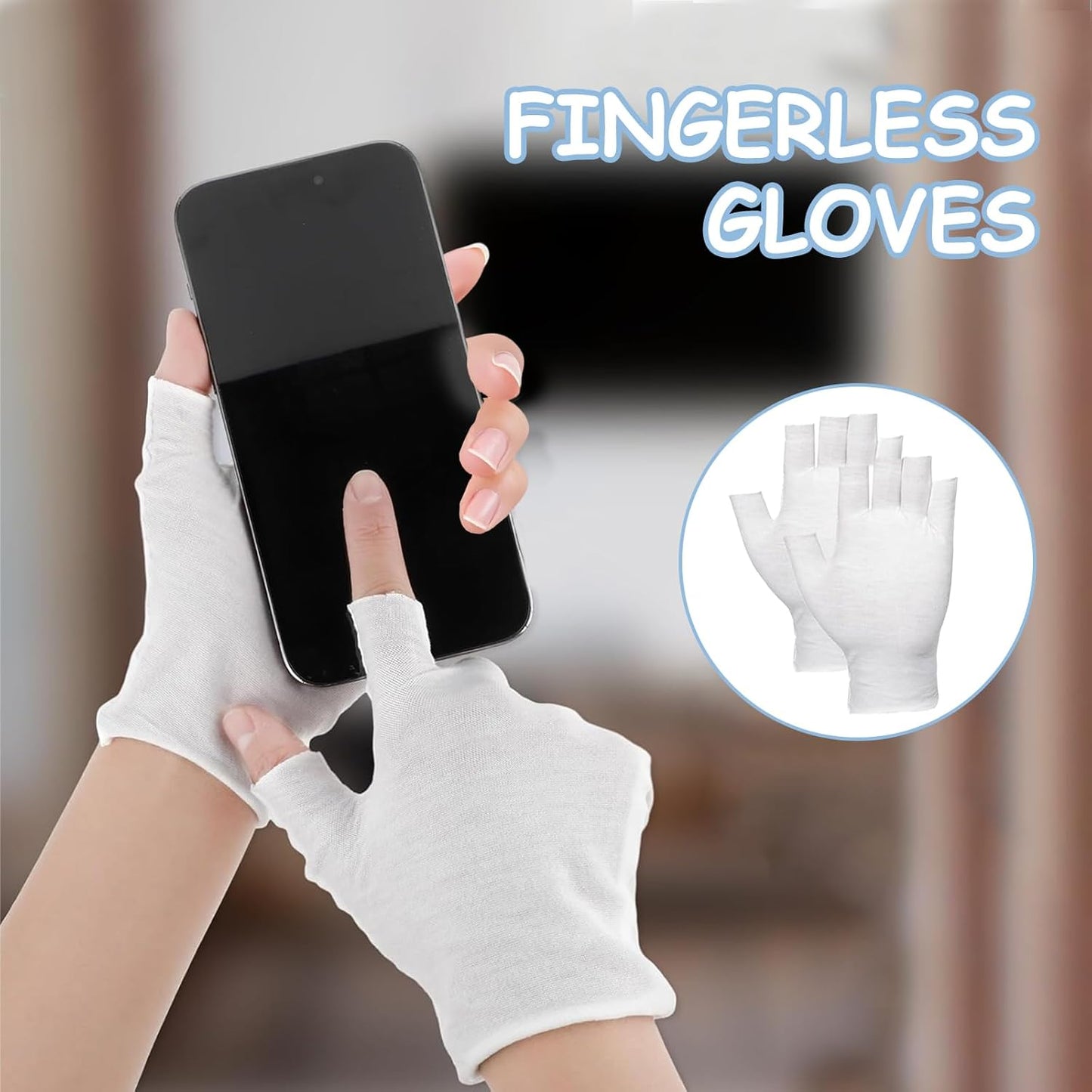 6 Pairs of Cotton Gloves, Moisturizing White Cotton Gloves, Comfortable, One Size Fits All, Unisex Size, Fingerless Touch Screen Design, White