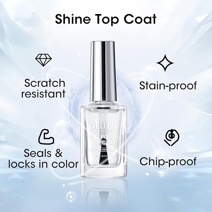 Gellen Clear Nail Polish Base Top Coat, No Wipe Shine Top Coat & 4-In-1 Tinted Nude Base Coat Strengthens Nails - Calcium, Quick Dry Natural Color Regular Nail Polish, Not UV Gel, Hema Free, Non-toxic