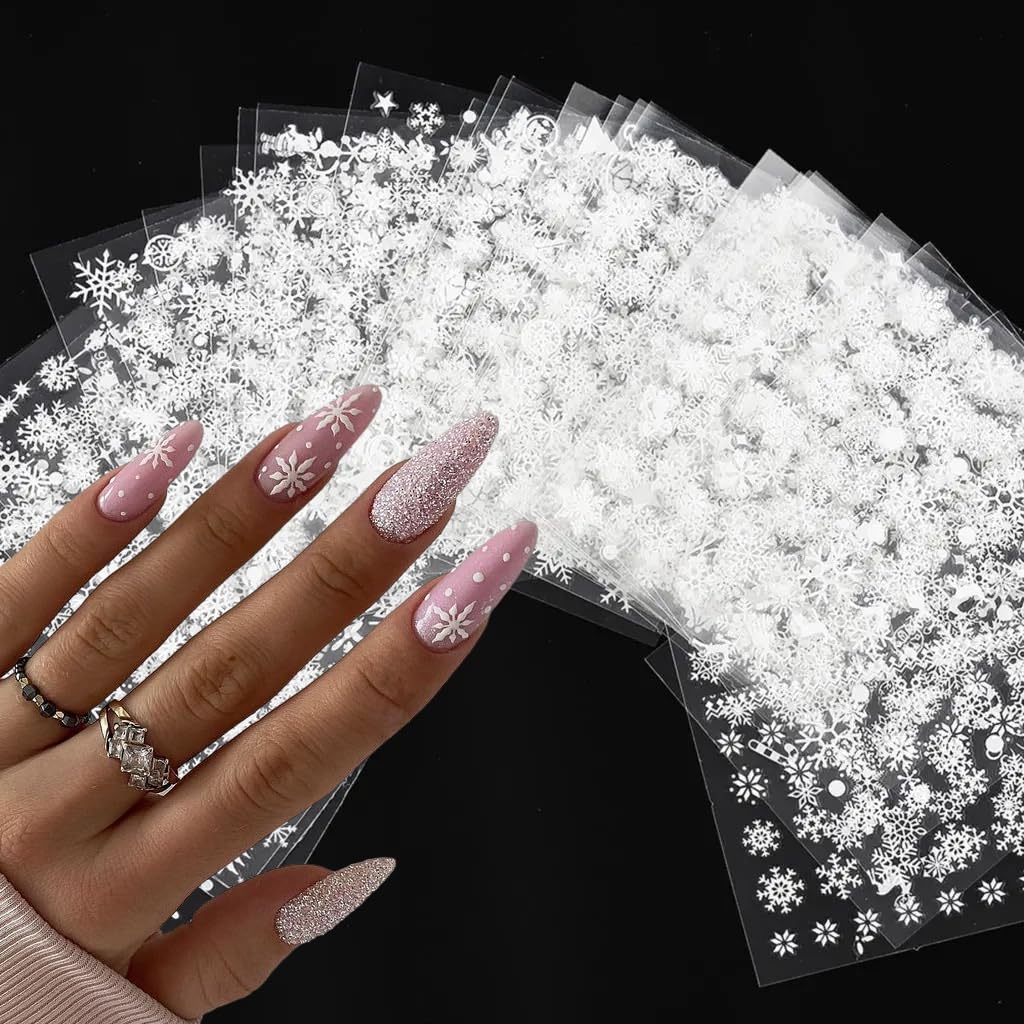 30 Sheets Christmas Snowflakes Nail Art Stickers for Nails Kit White Snowflakes Winter Nail Stickers Snowmen Santa Claus Elk Snow Design Xmas Holiday Nail Art Supplies for Women Girls Manicure
