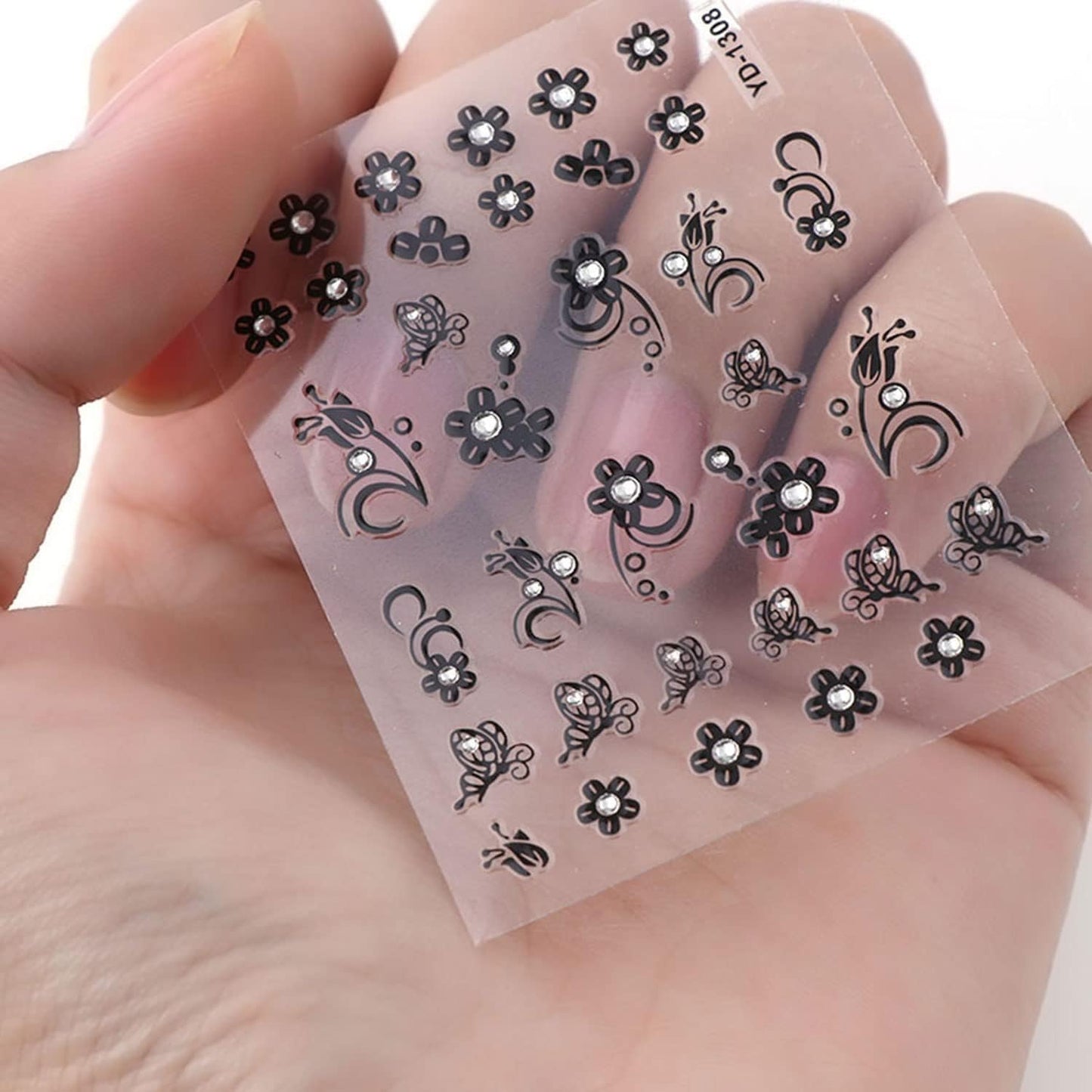 30 Sheets Black Flower Nail Art Stickers - Heart, Butterfly Design Charms - 3D Self Adhesive Nail Art Supplies for Women & Girls - Manicure Decoration Floral Nail Decals