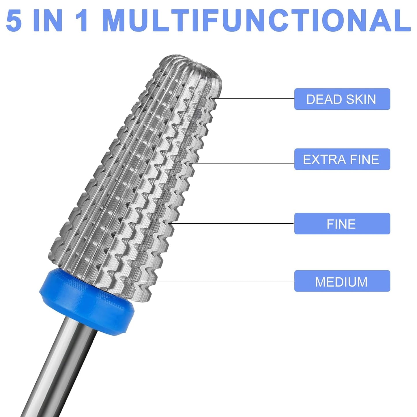 5 in 1 Nail Drill Bits 3/32" Carbide Tungsten Bit Suitable for Manicure Pedicure Cuticle Gel Polishing Fast remove Acrylic or Hard Gel Technicians Bits (Medium - M, Silver)