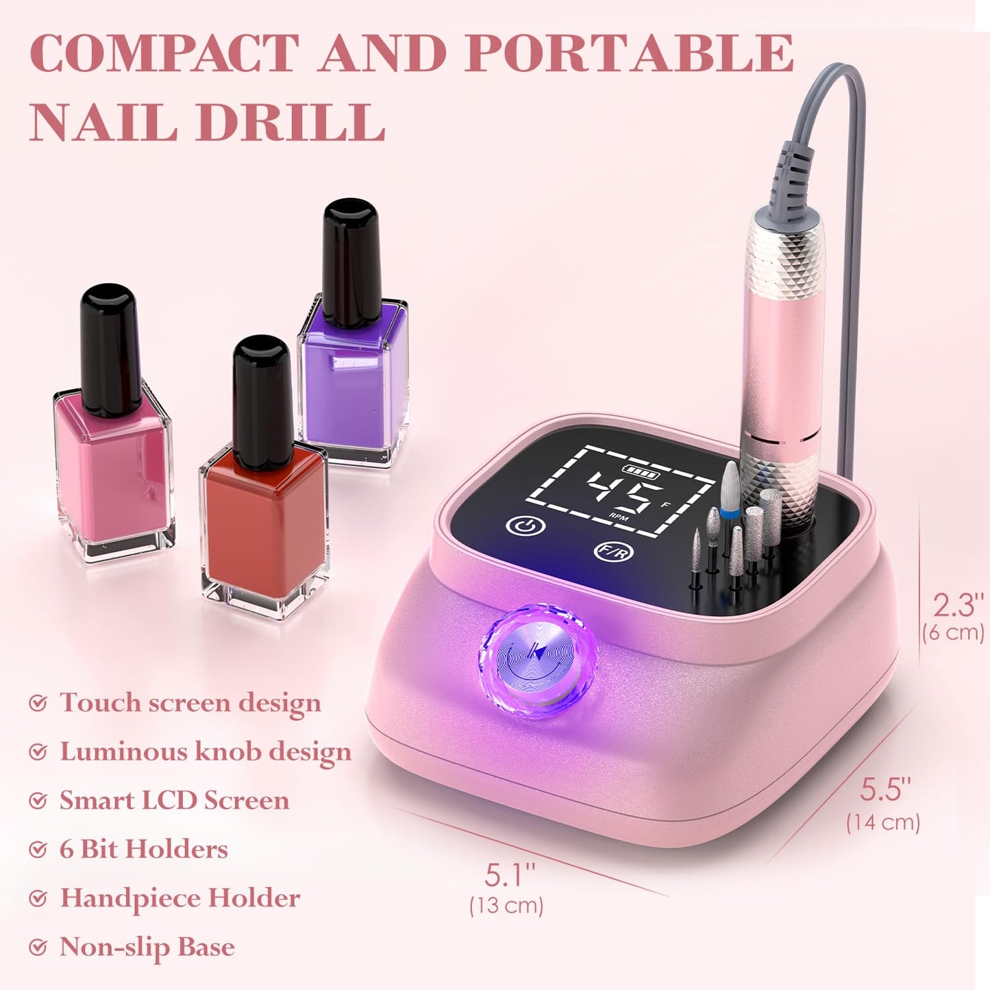 Electric Nail Drill 45000 RPM, Professional Rechargeable Nail File Kit, Nail Drill Machine, Nail Grinder, Acrylic Nail Kit for Any Manicure, Pedicure, Gel Polishing Removing, Pink