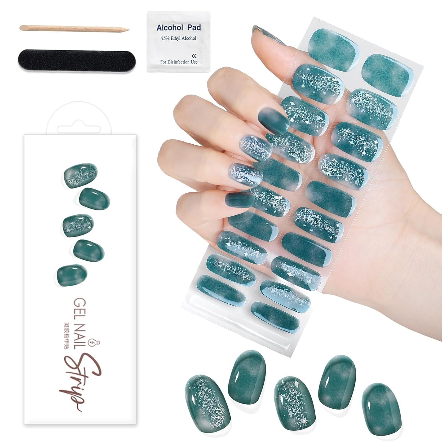 WOKOTO 1 Sheet Semi Cured Gel Nail Strips With Wood Stick, Nail File & Prepared Pads, 20 Tips Glittery Fantasy Green Semi Cured Nail Polish Strips, Harden With UV Light Gel Nail Wraps Stickers