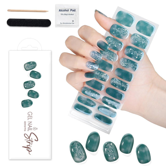 WOKOTO 1 Sheet Semi Cured Gel Nail Strips With Wood Stick, Nail File & Prepared Pads, 20 Tips Glittery Fantasy Green Semi Cured Nail Polish Strips, Harden With UV Light Gel Nail Wraps Stickers