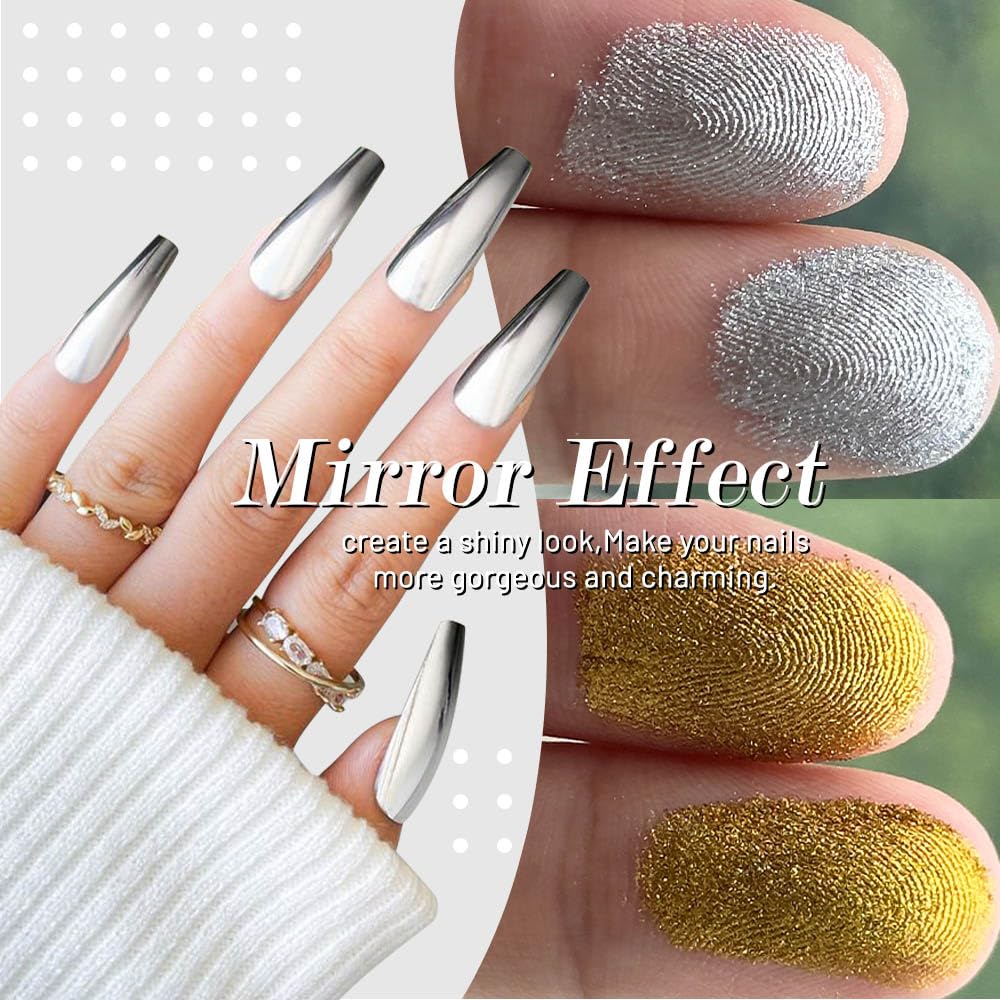 evpct 2Pcs Gold Silver Metallic Mirror Effect Chrome Nail Powder Kit for Nails Polish Rainbow Holographic Iridescent Chameleon Neon Nail Pigment Mirror Chrome Nails Powder for Gel Nails Glitter