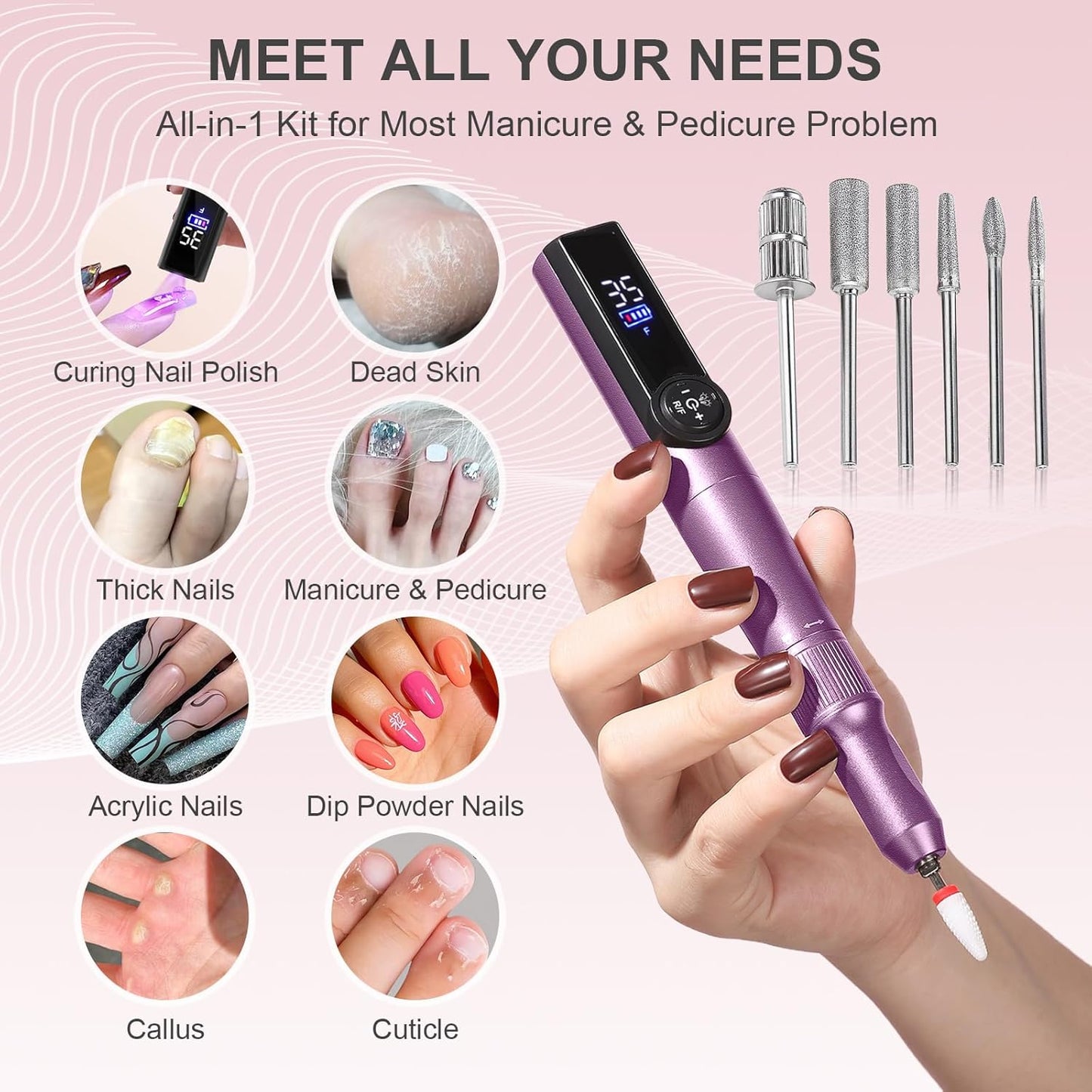 Electric Nail Drill Rechargeable Professional,2 in 1 Nail Grinder & UV Lamp Combo,35000 RPM,Portable Cordless Nail File Machine for Acrylic Nails,Gel Polishing,Shaping Nails,Manicure Art Tools