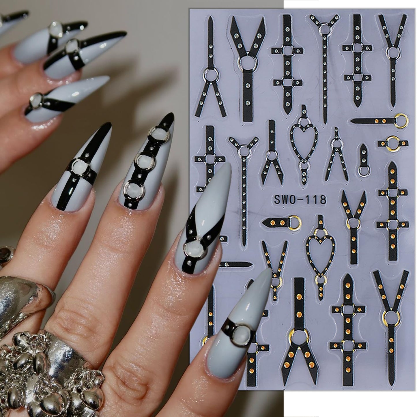 2 Sheets Gothic Nail Stickers for Nail Art Black Punk Belt Nail Design Decals Embossed Gold Silver Rivet Belt Nail Art Stickers 5D Self-Adhesive Halloween Nail Decals for Women DIY Manicure Supplies