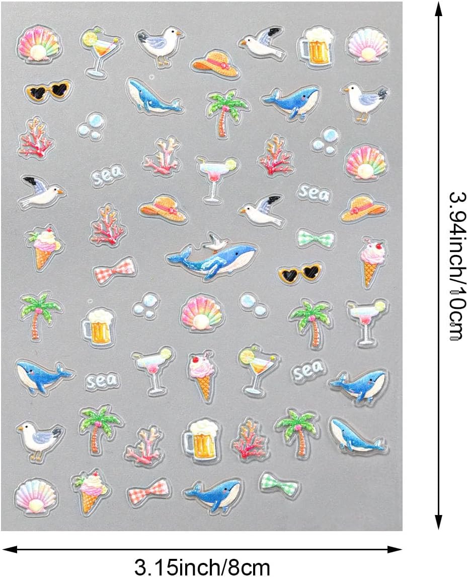 Summer Beach Theme 3D Nail Art Stickers, 2 Sheets, Self-Adhesive Embossed Ocean Designs with Fish, Coral, Seaweed, Palm Trees for Nail Decoration, Vacation Manicure