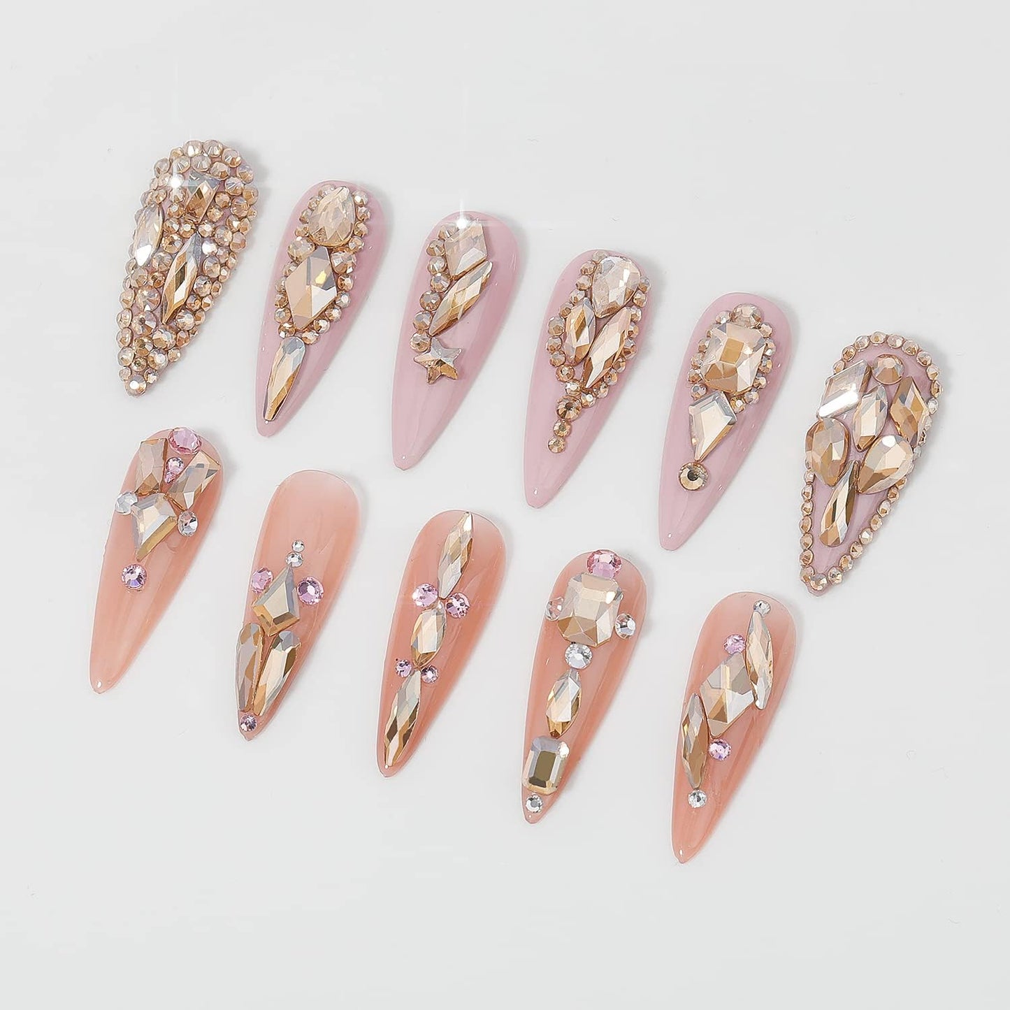 Multi Shapes Champagne Gold 3D Glass Crystal Nail Rhinestones Kit Mix 0.8mm Silver Nail Round Beads Charm Flatback Gems 5 Grids Flatback Rhinestones Stone Diamond for Manicure Makeup DIY Decoration