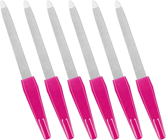 Metal Nail Files with Sharp Pointed Tip Made of Stainless Steel Non Slip Handle, Nail File Double Sided Sapphire Grit for Natural Nails Fingernails limas de uñas metálicas Color Pink (6 Pcs)