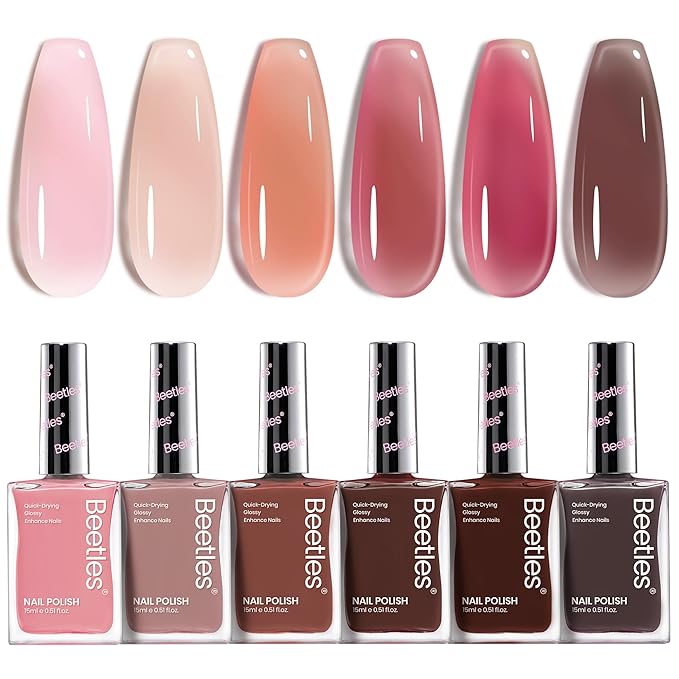 Beetles Jelly Nail Polish Set, 6 Colors Sheer Pink Nail Polish Long Lasting & Quick Dry Clear Jelly for Christmas Women, Pink Nail Strengthener Polish for Salon DIY Manicure Set