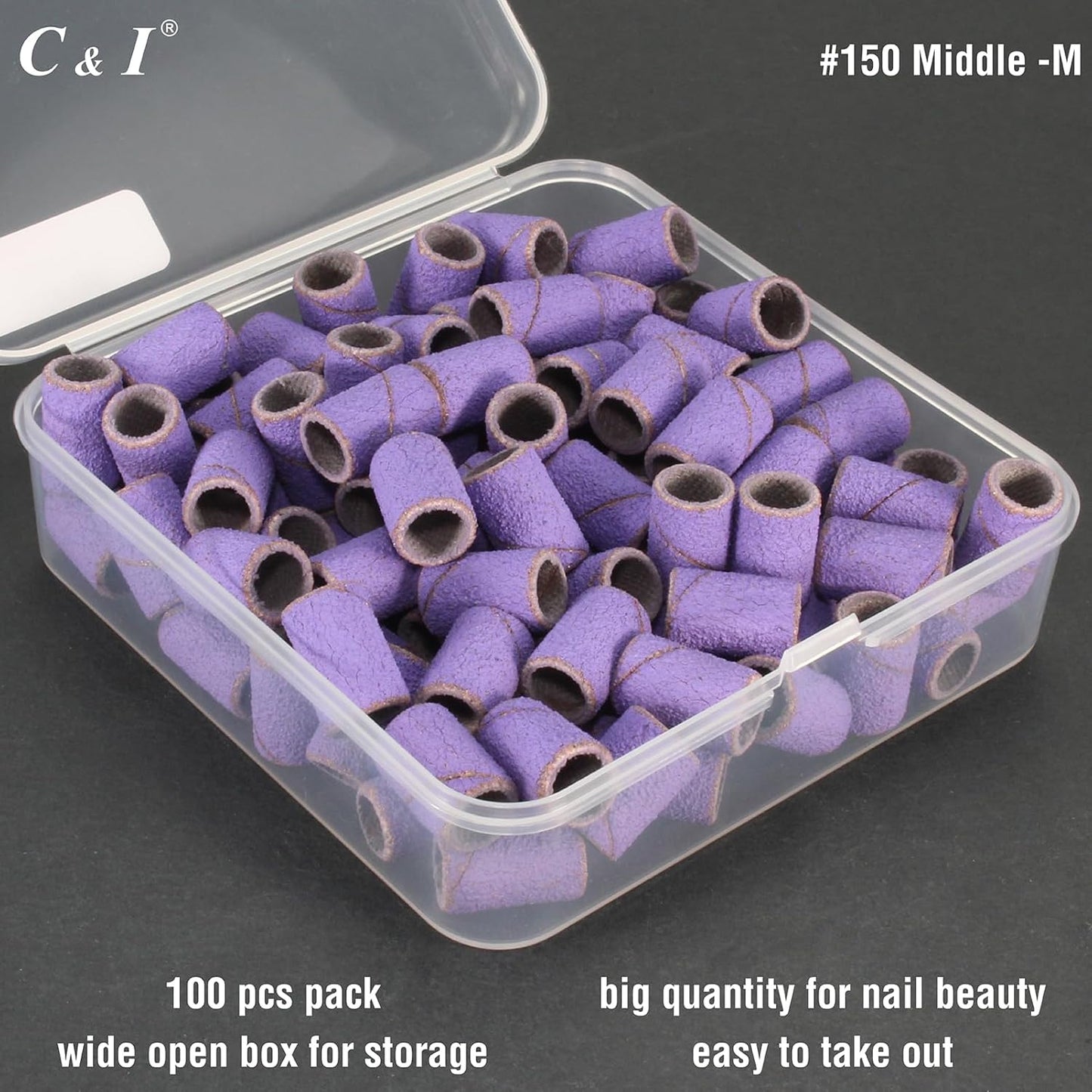 C & I Nail Sanding Bands 100 PCS Plus Upgrade Mandrel 1 PC, Nail Drill Bits for Acrylic Gel Nails Remove, Natural Nails Buffer for Nail Prep and Nail Shiner (Purple, #150 Middle)