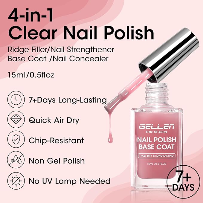 GELLEN 4-In-1 Clear Nail Polish Base Coat Dusty Pink Tint, Sheer Rose Ridge Filler For Nails, Nail Strengthener Concealer, Calcium Formula Smoothes Strengthens Nails, Enhances Natural Look, HEMA Free