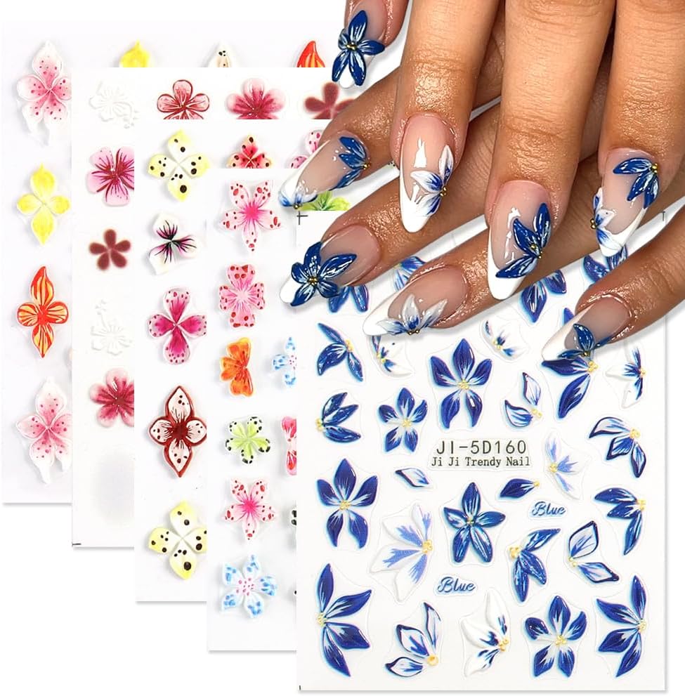 Flower Nail Art Stickers Decals 5D Embossed Nail Decals, 5 Sheets Colorful Flower Spring Summer Hibiscus Lily Floral Nail Art Design Self-Adhesive Nail Supplies Manicure Decorations for Women Girls