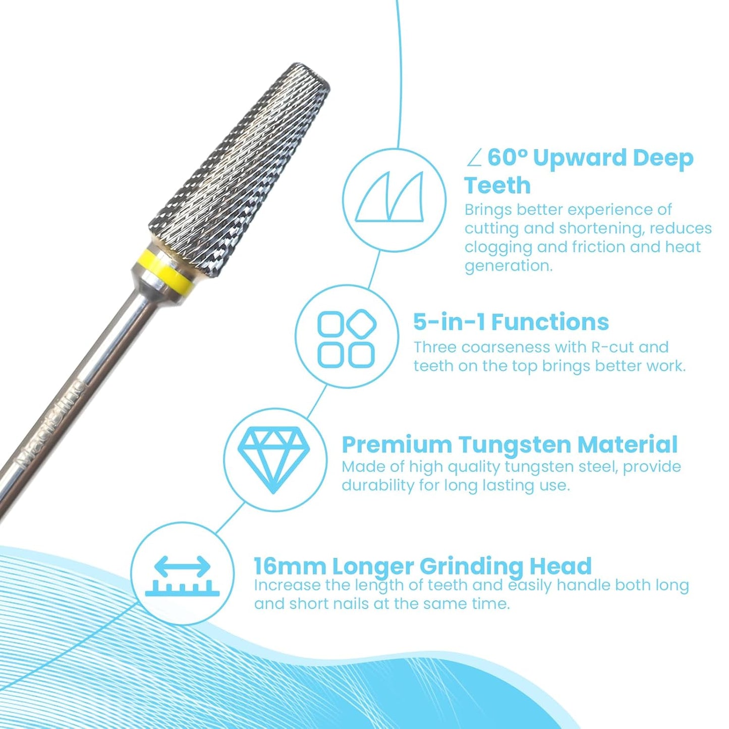 Super Cut 5 In 1 Tapered Barrel 3/32'' Safety Tungsten Nail Drill Bits, Upward teeth, Right handed, Suitable for Manicure Pedicure Cuticle Gel Polishing, Technicians Bits, Grit: Extra Fine.
