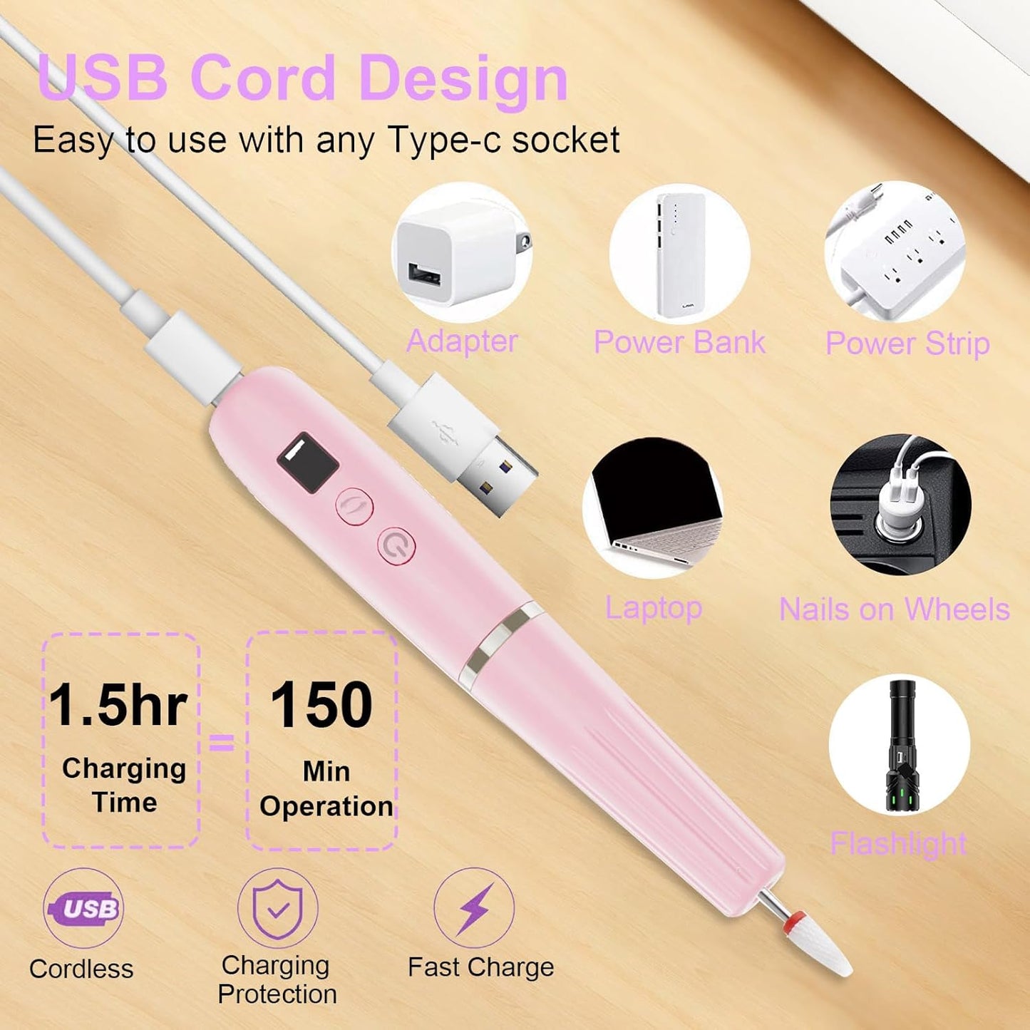 Electric Nail Filer, Professional Nail Drill Kit, Electric Nail Drill Kit, Portable File for Acrylic Gel Nails, Cordless Nail File Electric Manicure Pedicure Tools with Drill Bits for Home Salon
