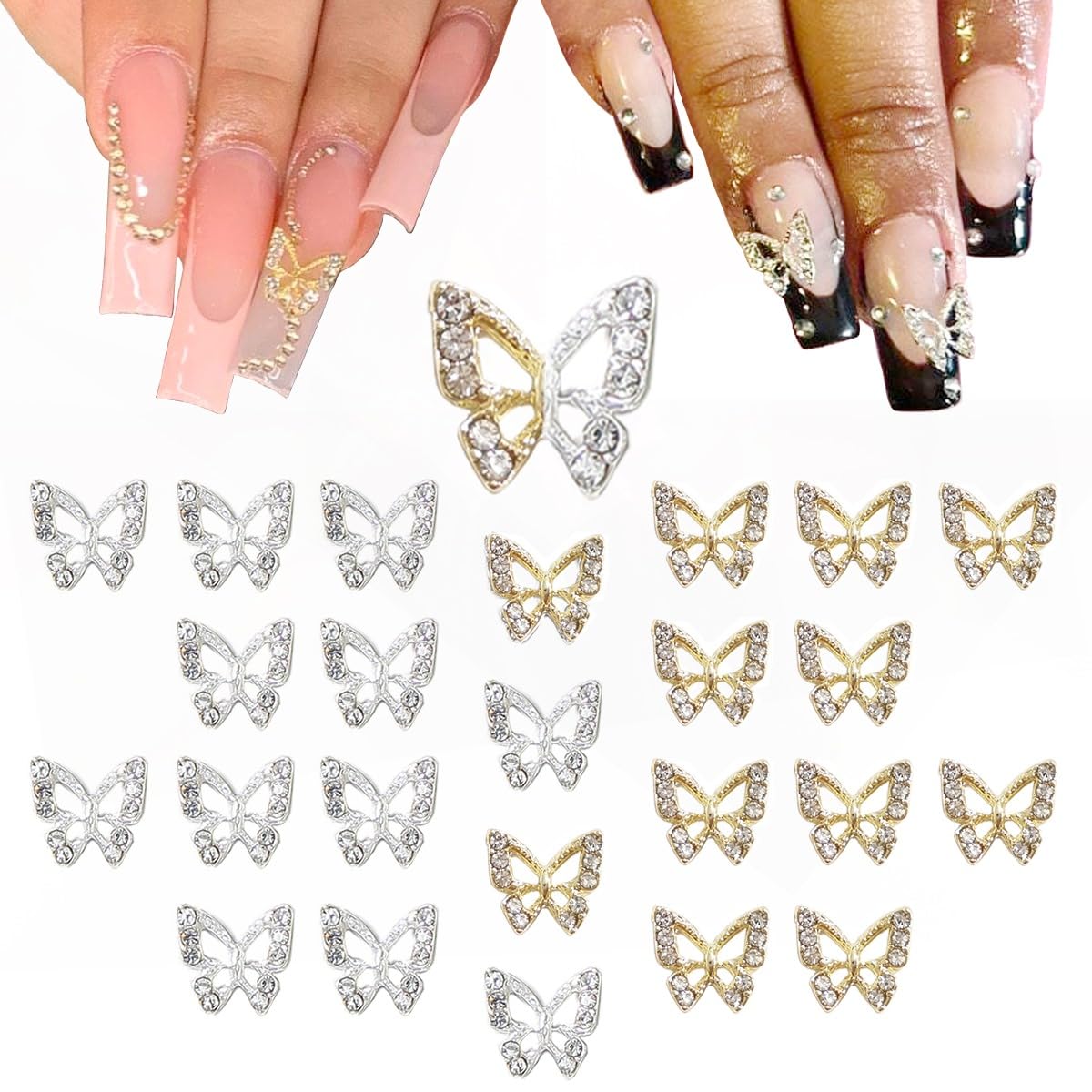 24pcs Butterfly Nail Charms Bulk 3D Charms for Acrylic Nails, Golden Silver Butterflies Nail Rhinestones Charms Nail Alloy Studs Nail Art Jewels Diamonds Gems Supplies for Nails Face Makeup