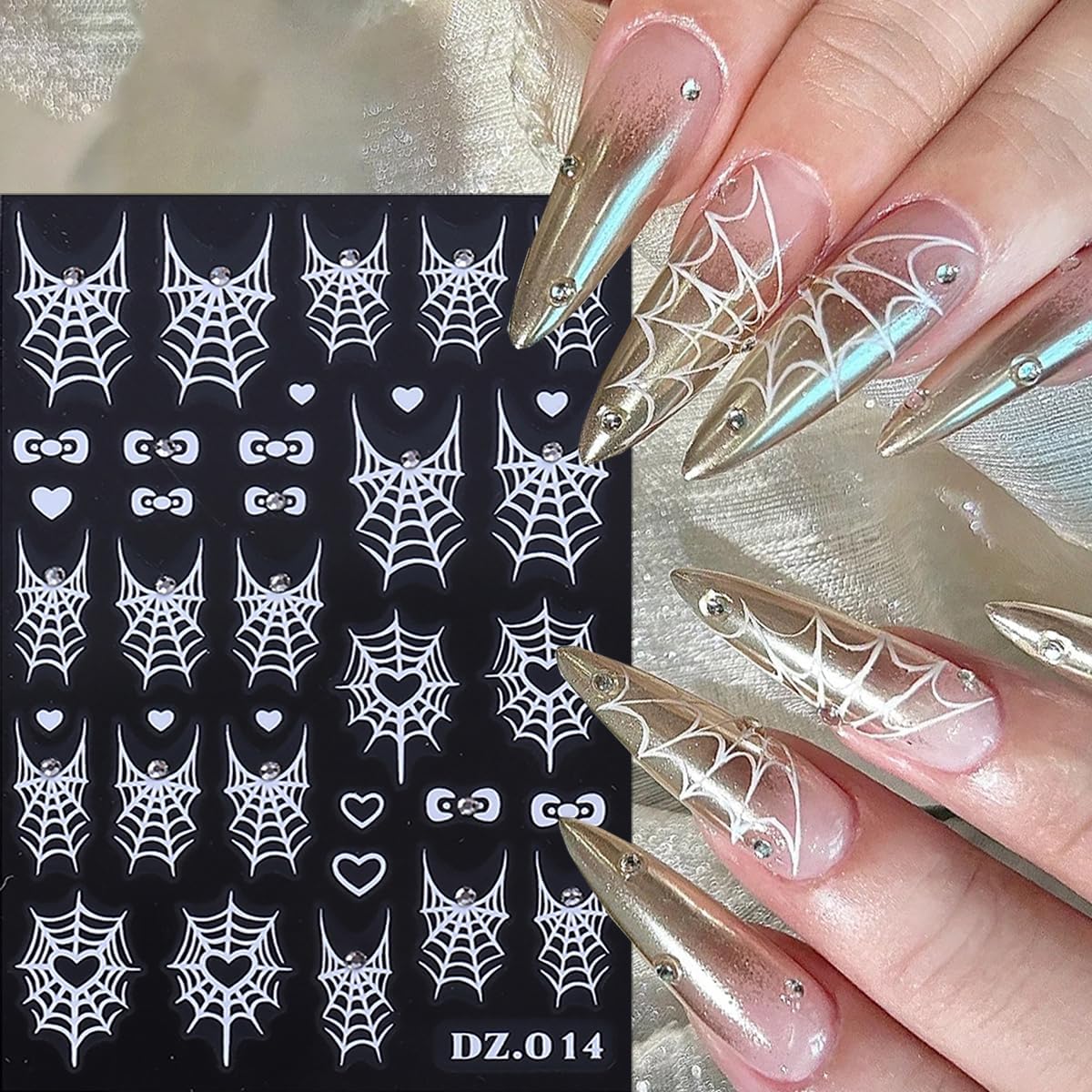 6 Sheets Halloween Scary Nail Stickers Gold Laser Silver White Nail Art Stickers Decals 3D Self-Adhesive Spider Web Bow Nail Decals for Women Halloween Party Nails Design Decoration Supplies