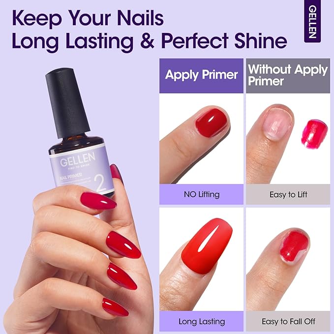 GELLEN Nail Primer No Lift 15ml Hema-Free Acid-free Primer Fast Air Dry Superior Protein Nail Prep Bond Foundation for UV Gel Nail Polish, Press-on Nails and Acrylic Powder Salon DIY Nail Supplies