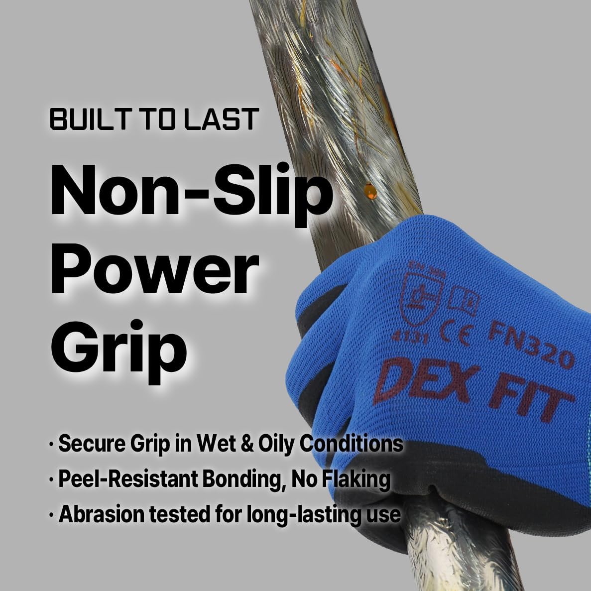 DEX FIT Premium Nylon Nitrile Work Gloves FN320, 3 Pairs, 3D-Comfort Stretchy Fit, Firm Grip, Thin & Lightweight, Durable, Breathable & Cool, Machine Washable; Blue 10 (XL)