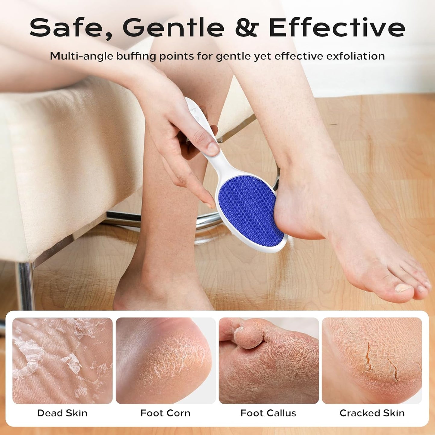 Foot File, Nano Glass Foot File Callus Remover with Handle, 2-in-1 Foot Scrubber Dead Skin Remover, Gentle Exfoliation Foot Buffer Pedicure Tools for Feet-Blue