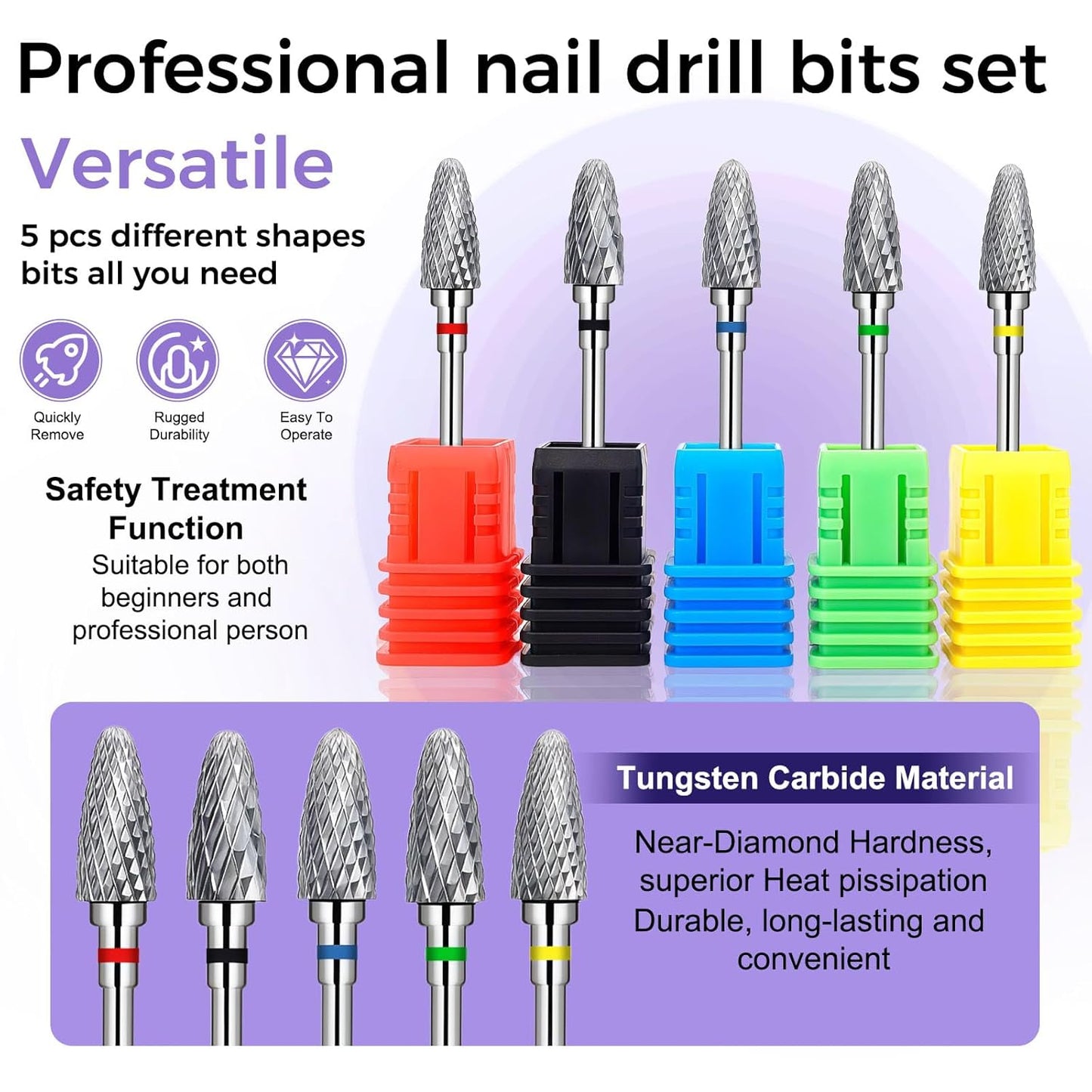 Fantexy Nail Drill Bits Set for Acrylic Nails,3/32 Inch Professional Tungsten Nail File Bits Nail Art Tools,Manicure Pedicure Shapen Remove Tools, Home Salon Use(5Pieces
