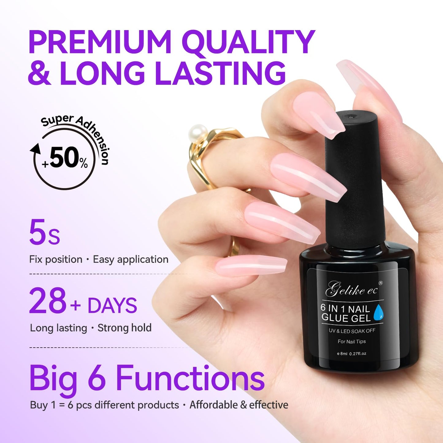 Gelike EC Pro Nail Glue & Strengthener: Nude 6-in-1 Nail Adhesive for Repair - Strengthening & Protein Repair - Perfect for Home & Salon Use 11544 - UV Needed