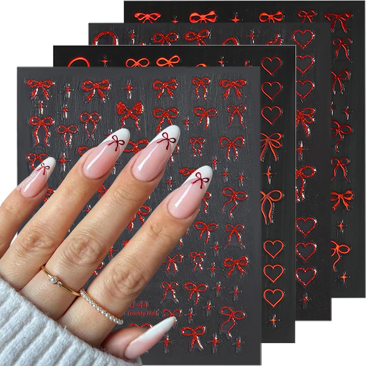 6Sheets Bow Nail Stickers for Nail Art Glitter Red Gold Bows Nail Decals Aurora Cute Nail Art Stickers 3D Self Adhesive Nails Design Charms Supplies for Women Girls Manicure Decorations