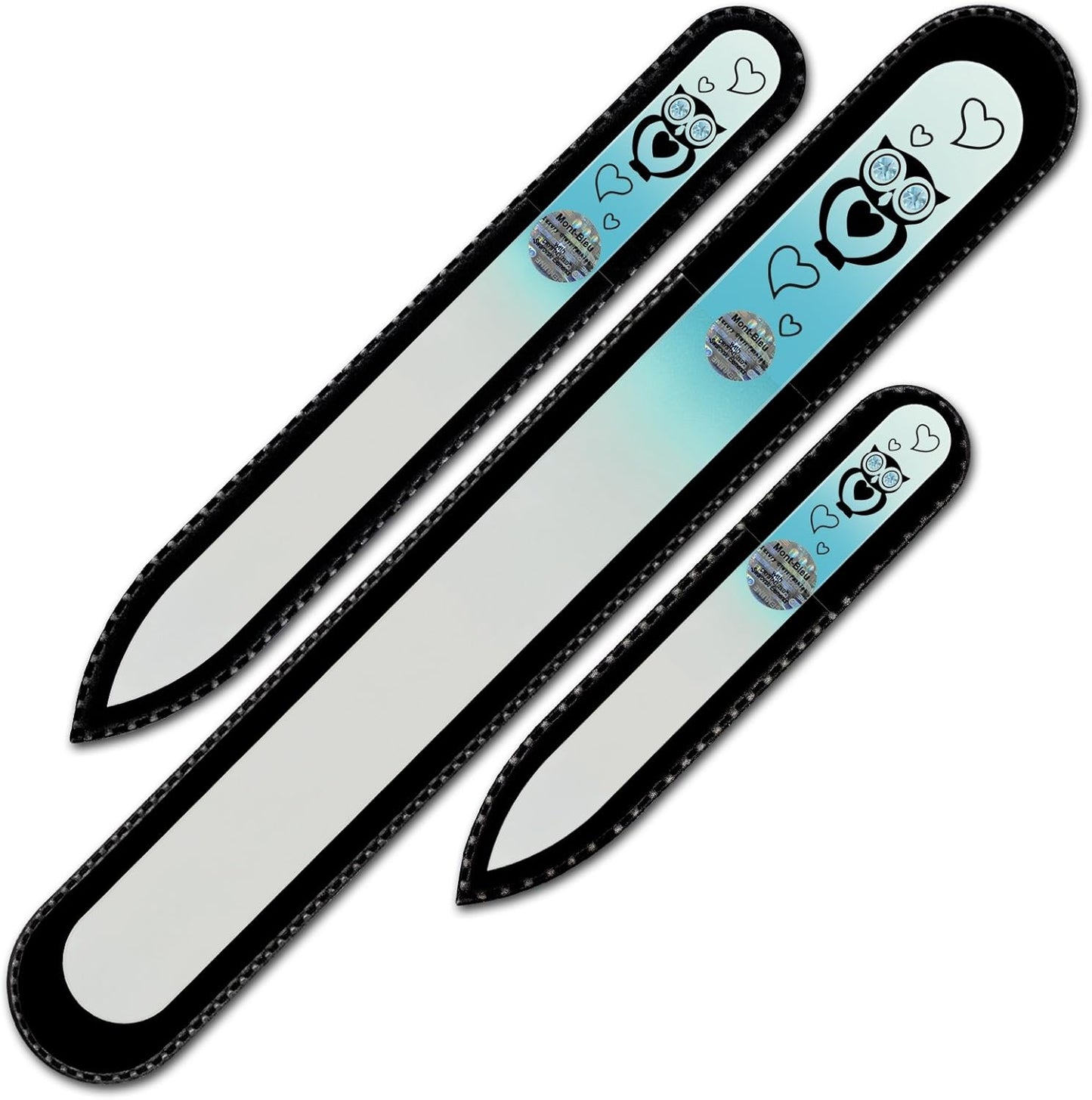 Mont Bleu Set of 3 Owls Crystal Nail Files hand decorated with crystals - Handmade - Czech Tempered Glass