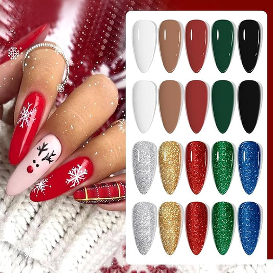Christmas Day Gel Nail Polish Set - 10 Color Gel Polish Set with Red, White, Green, Gold, Silver Glitter & Sparkle. Soak Off Nail Art Manicure DIY Gifts for Women