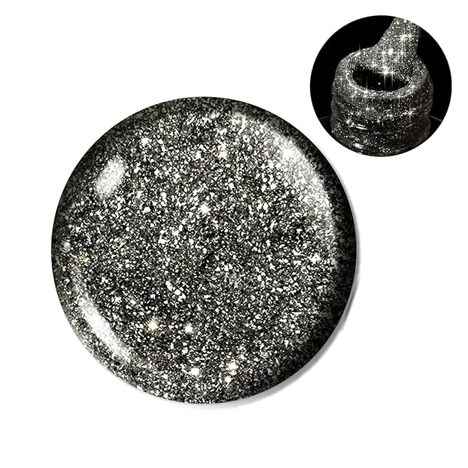 Beetles Black Gel Nail Polish, 1Pcs 15ML Glitter Gel Nail Polish Black Sparkle Reflective Shimmer Color Soak Off UV Lamp Disco Nail Art Manicure Salon DIY at Home Gifts for Her