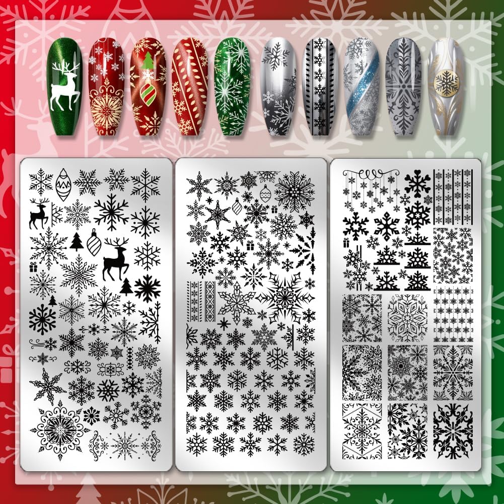 PH PandaHall 3pcs Snowflakes Pattern Nail Stamp Plate Christmas Theme Print Art Template Stainless Steel Winter Snowflake Nail Image Plate for Christmas Women Nails Decoration 4.7x2.3 inch