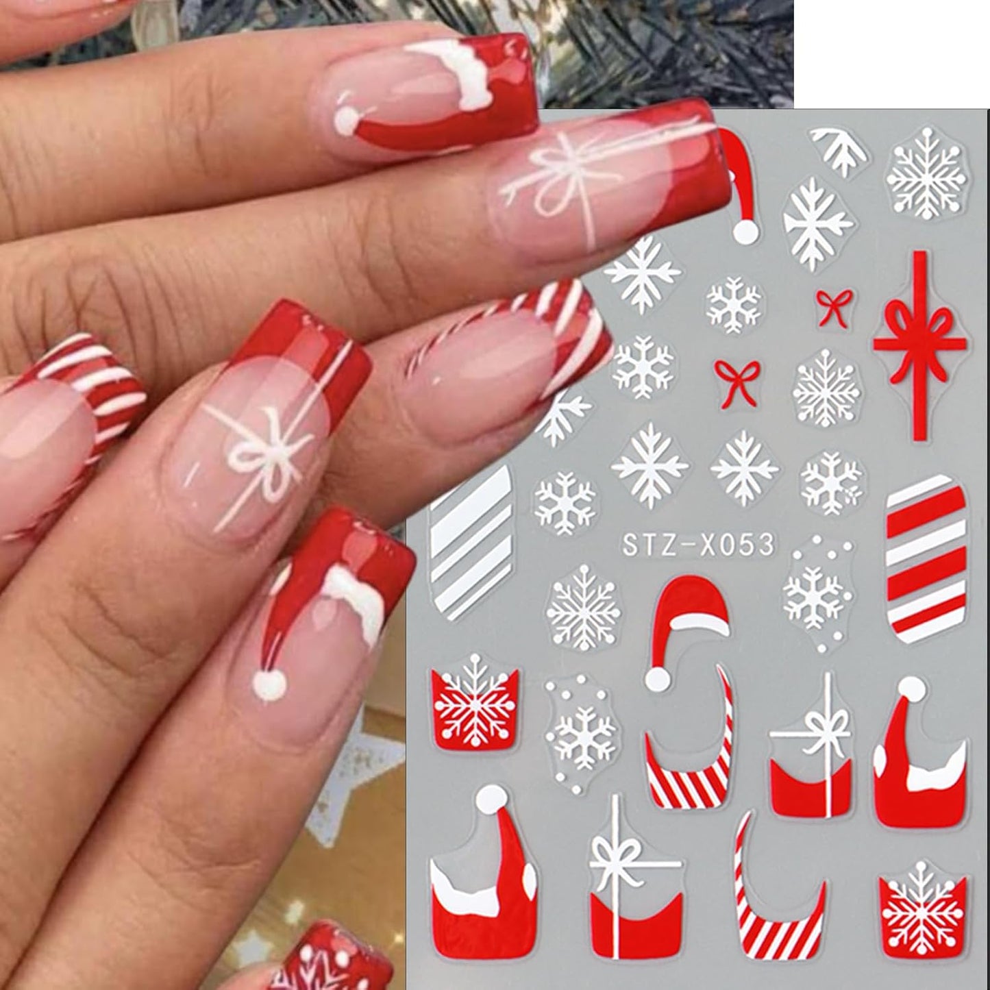 6 Sheets Christmas Hat French Nail Art Stickers 3D Christmas Snowflake Gift Bow Nail Decals Self-Adhesive Glitter Stripe Nail Stickers Winter Xmas Nail Design for Women Girls Manicure Decoration