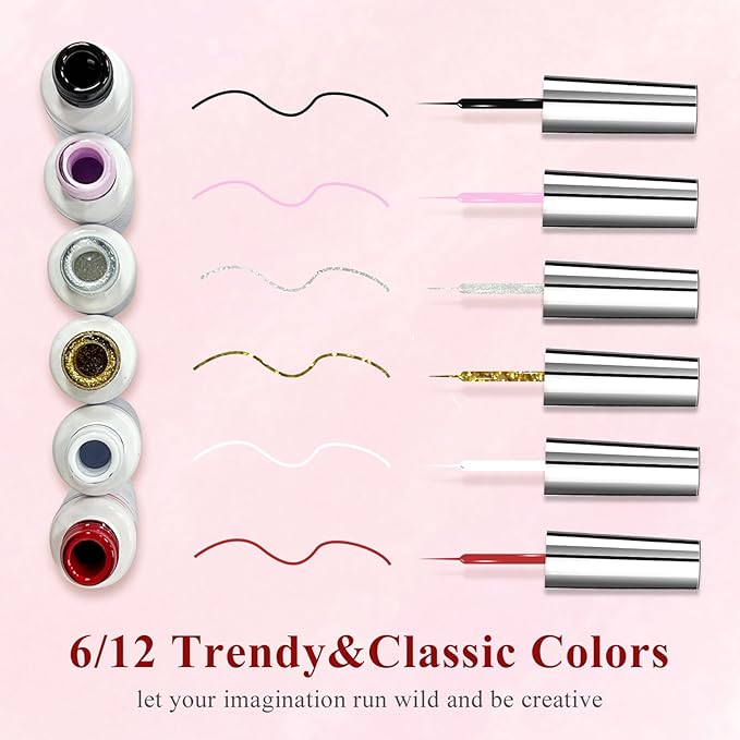 Nail Art Liner Set 6 Pcs Black White Red Gold Silver Glitters Colors Paint Swirl Built Thin Brush in Bottle Soak off Led Lamp Gel Liner Nail Polish Manicure Kits