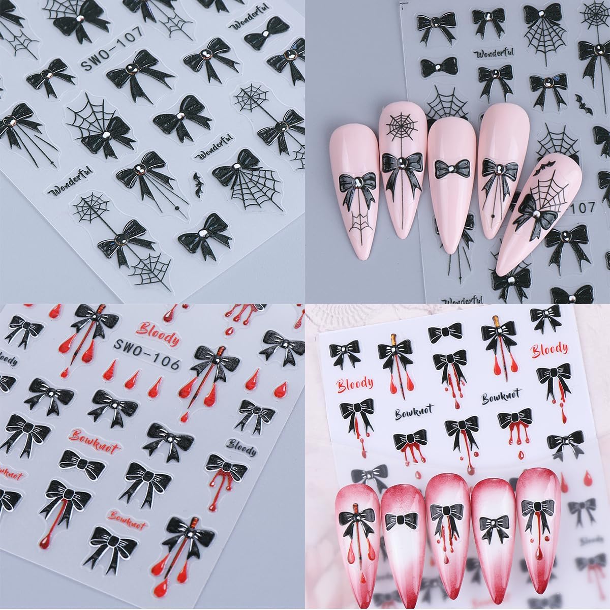 4 Sheets Halloween Nail Art Stickers Black Bow Spider Web Y2K Nail Decals 3D Self-Adhesive Bloody Drop Bowknot Nails Stickers Gothic Halloween Nails Decorations for Women Holiday DIY Manicure Supplies
